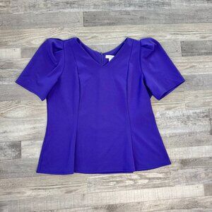 Liz Claiborne Purple V-Neck Tailored Short Sleeve Blouse O45